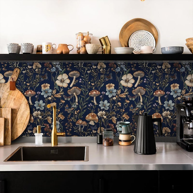 Froluya Mushroom Wallpaper Peel and Stick Dark Blue Floral Contact Paper 16.9" x 196.8 Navy Peel and Stick Wallpaper for Bathroom Vintage Boho Self Adhesive Removable Wall Paper for Kitchen Cabinets - Image 3